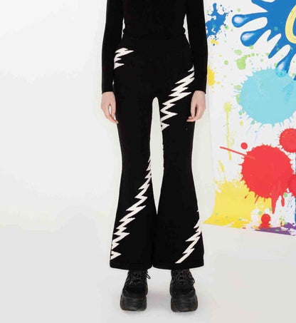 Lightning Embroidery Knit Flare Pants with Monochrome Warmth [ID:0140PA]