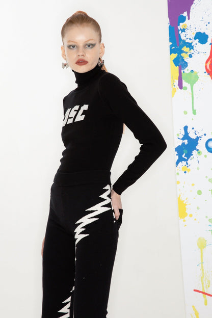 Lightning Embroidery Knit Flare Pants with Monochrome Warmth [ID:0140PA]