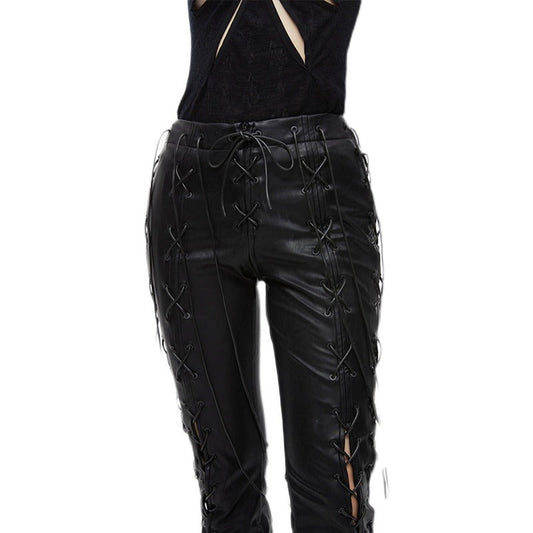 Cross-Laced High-Waisted Stretch Leather Pants [ID:0141PA]