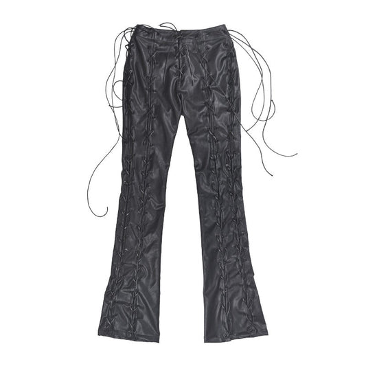 Cross-Laced High-Waisted Stretch Leather Pants [ID:0141PA]
