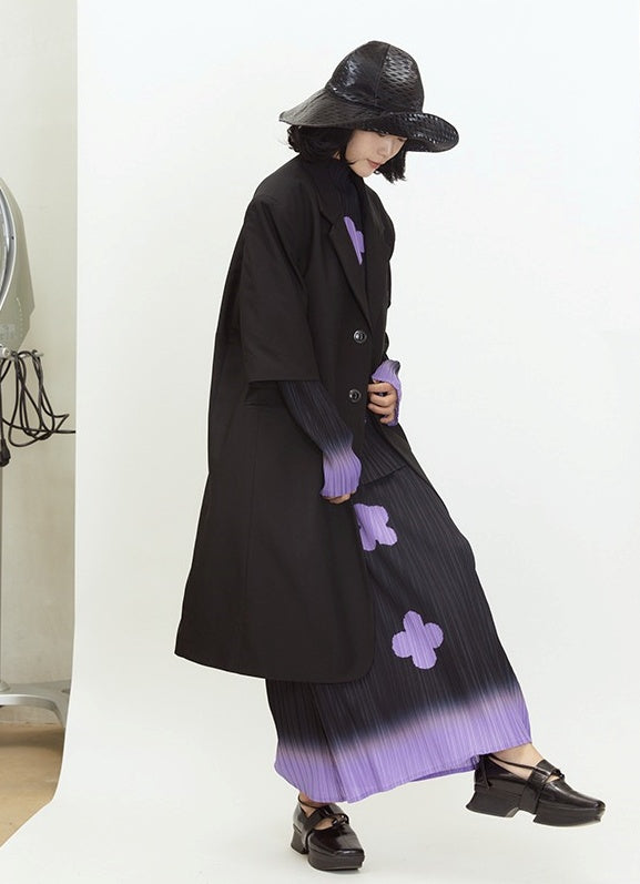 Gradient Pleated Floral Print A-Line Skirt in Black and Purple [ID:0142SK]