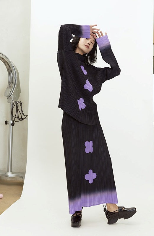 Gradient Pleated Floral Print A-Line Skirt in Black and Purple [ID:0142SK]