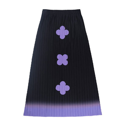 Gradient Pleated Floral Print A-Line Skirt in Black and Purple [ID:0142SK]