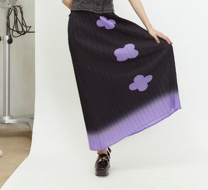 Gradient Pleated Floral Print A-Line Skirt in Black and Purple [ID:0142SK]