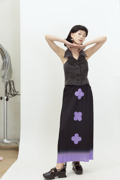 Gradient Pleated Floral Print A-Line Skirt in Black and Purple [ID:0142SK]