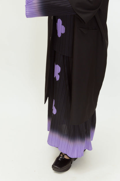 Gradient Pleated Floral Print A-Line Skirt in Black and Purple [ID:0142SK]