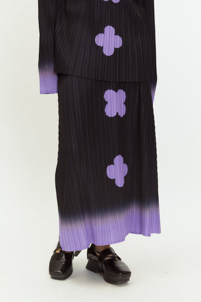 Gradient Pleated Floral Print A-Line Skirt in Black and Purple [ID:0142SK]