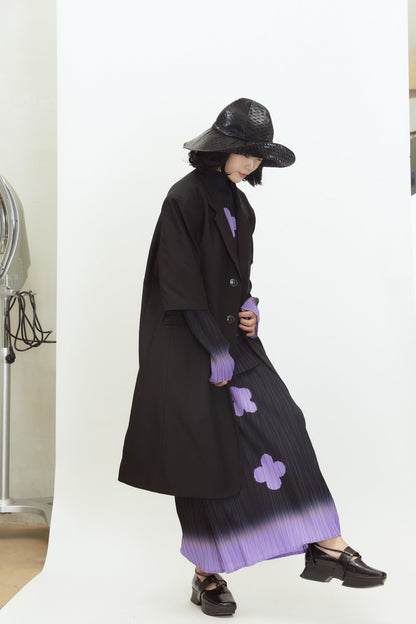 Gradient Pleated Floral Print A-Line Skirt in Black and Purple [ID:0142SK]