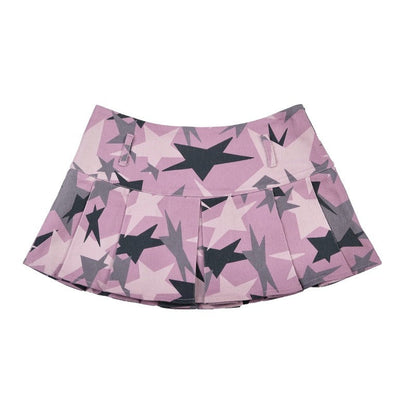 Low-Waist Pink Camouflage Star Print Pleated Skirt [ID:0143SK]