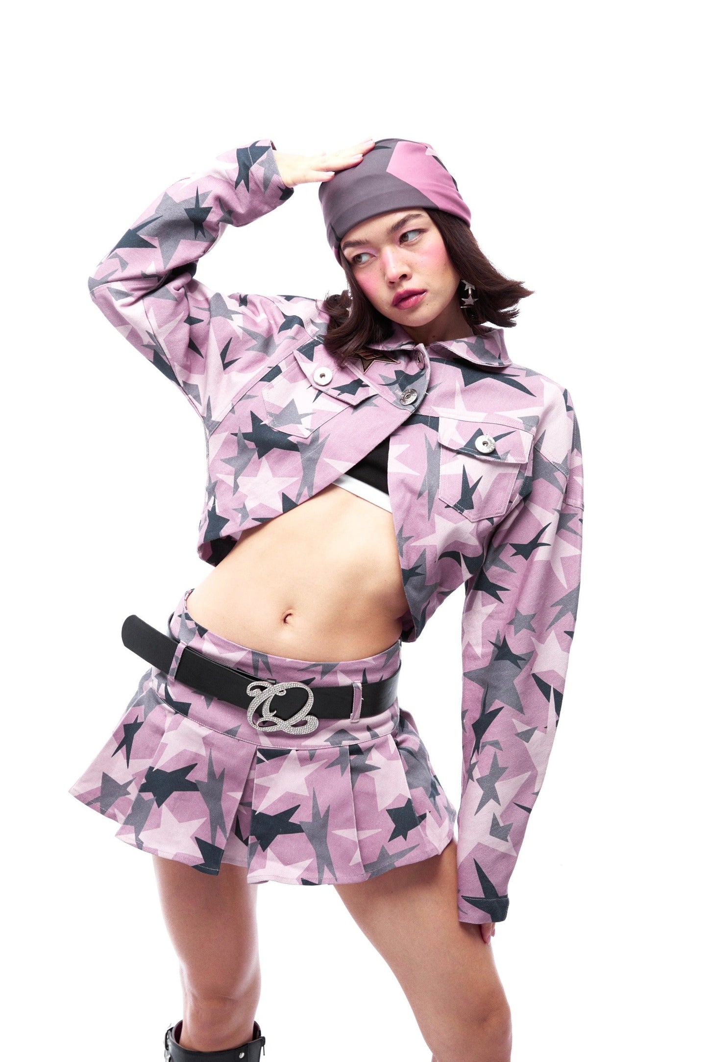 Low-Waist Pink Camouflage Star Print Pleated Skirt [ID:0143SK]