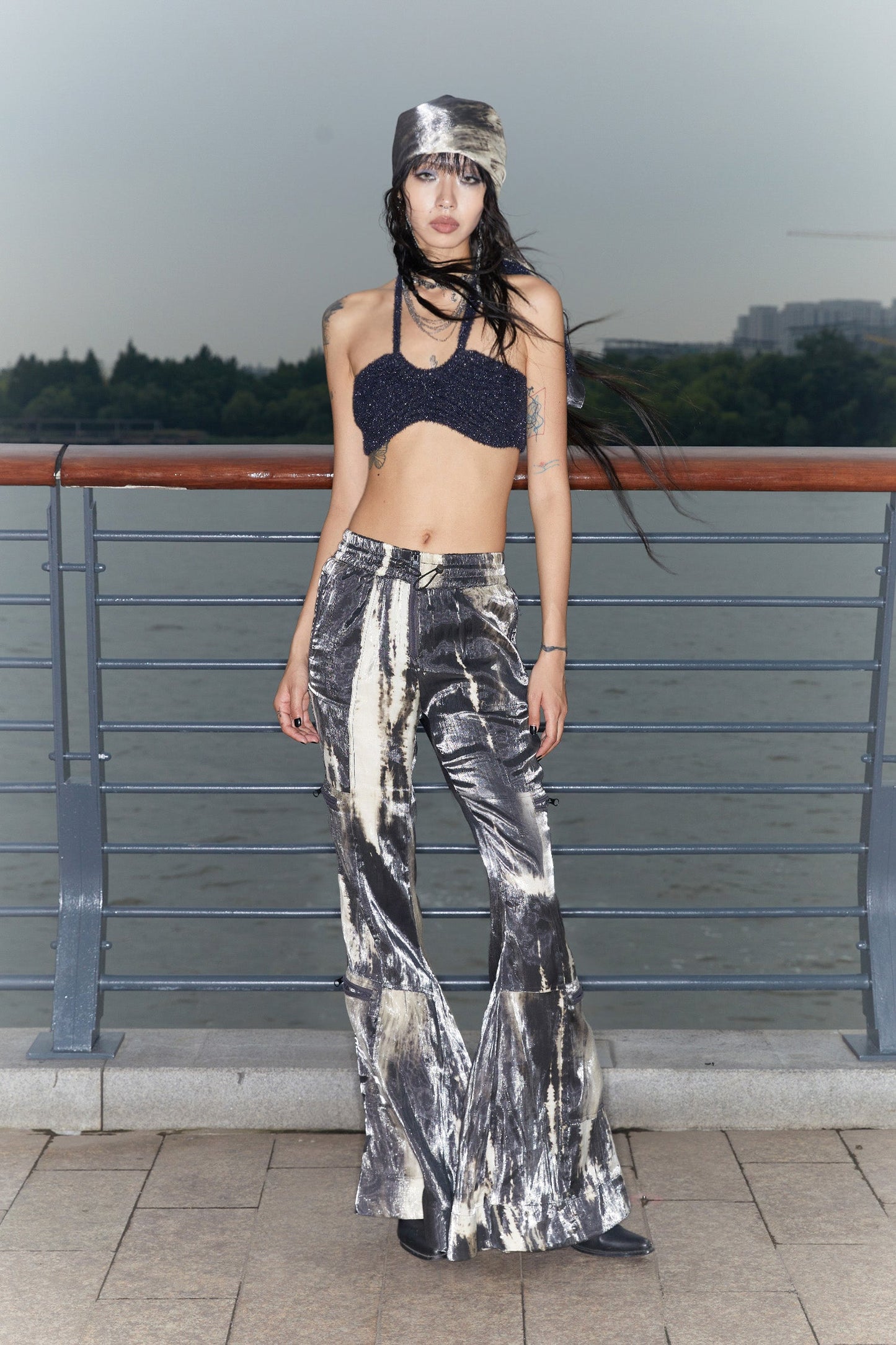 Original Sparkling Satin Tie-Dye Flare Pants Multi-Pockets [ID:0144PA]