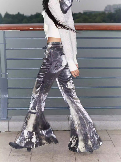 Original Sparkling Satin Tie-Dye Flare Pants Multi-Pockets [ID:0144PA]