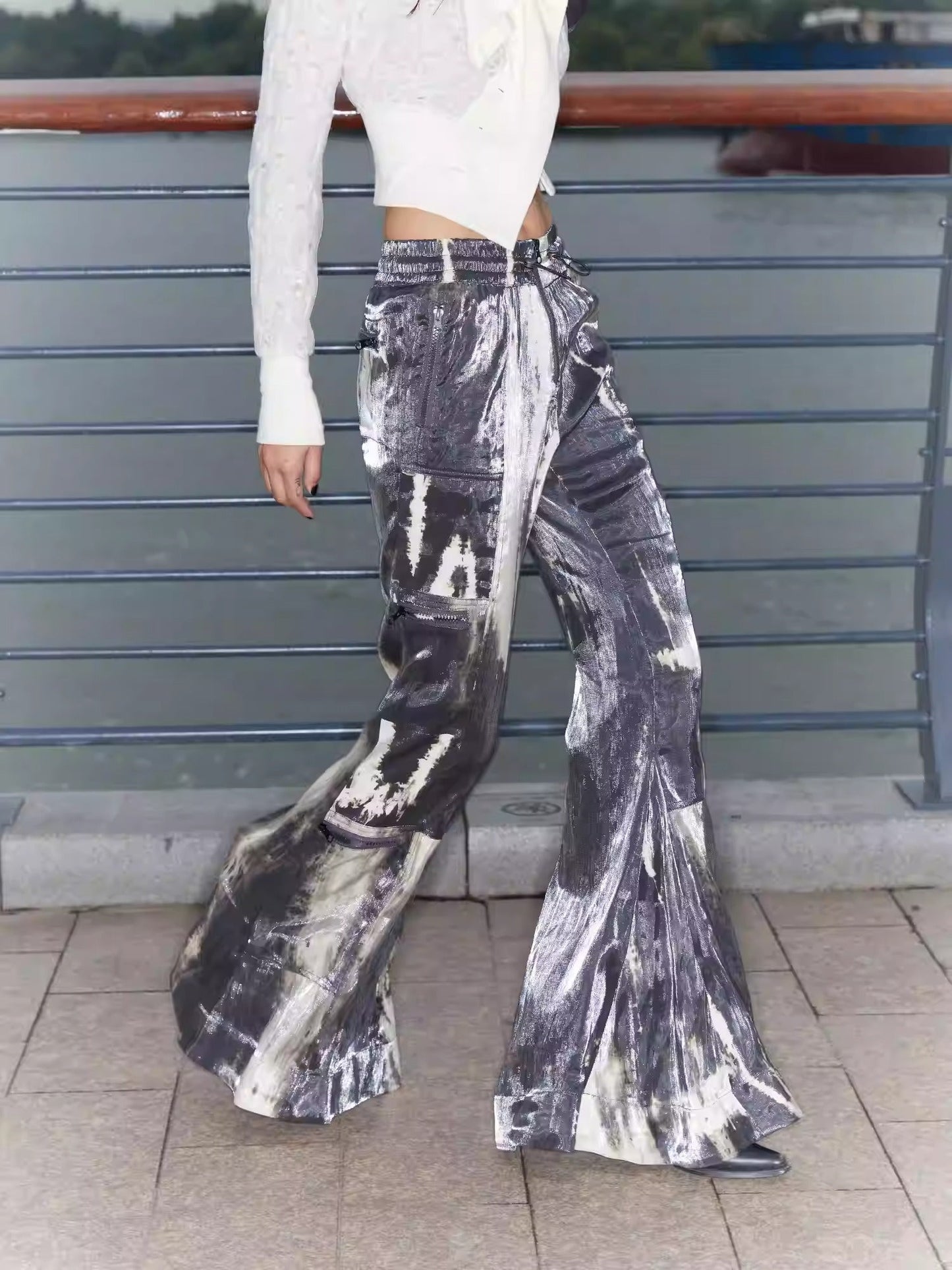 Original Sparkling Satin Tie-Dye Flare Pants Multi-Pockets [ID:0144PA]