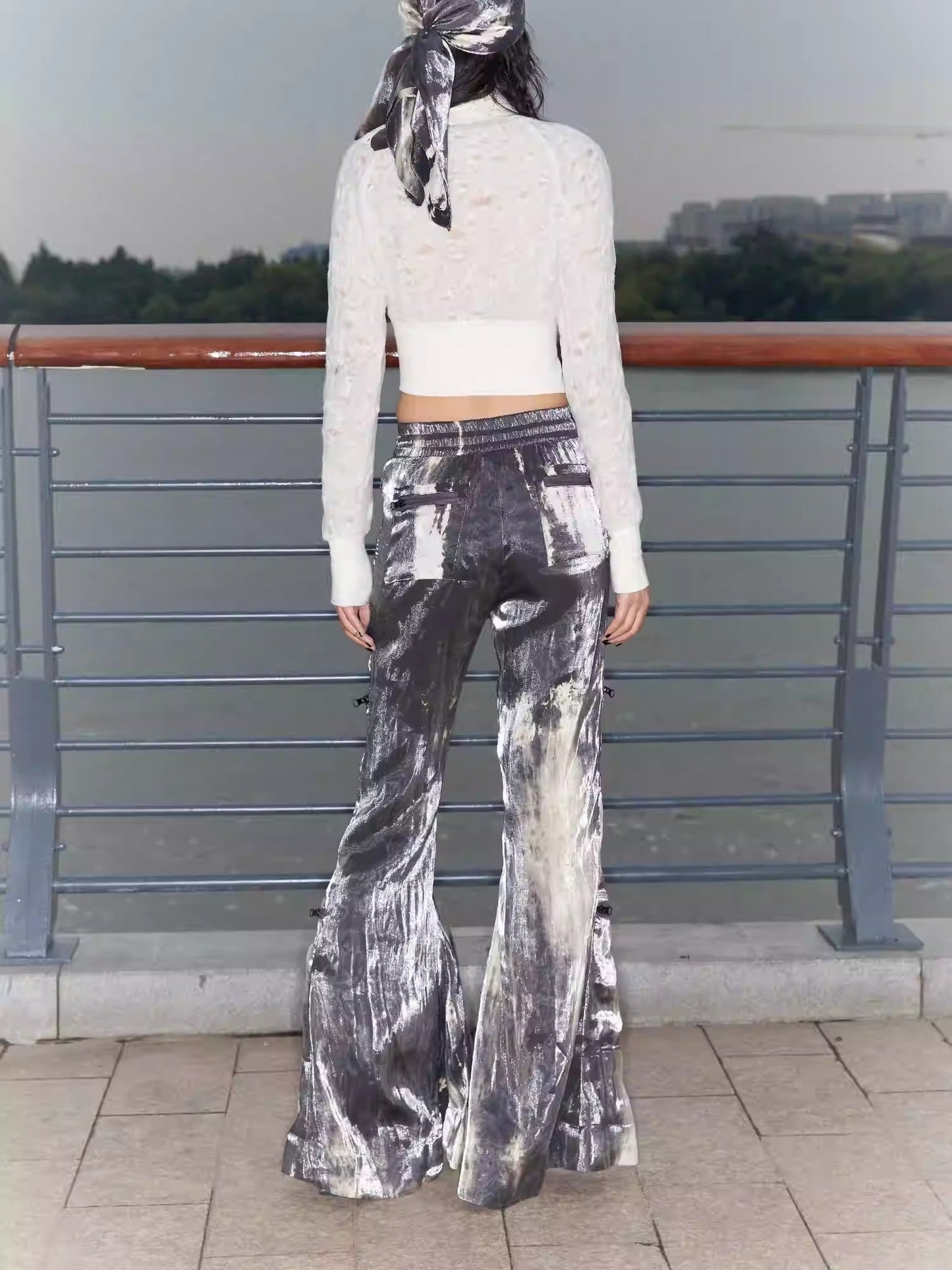 Original Sparkling Satin Tie-Dye Flare Pants Multi-Pockets [ID:0144PA]