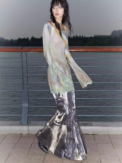 Original Sparkling Satin Tie-Dye Flare Pants Multi-Pockets [ID:0144PA]