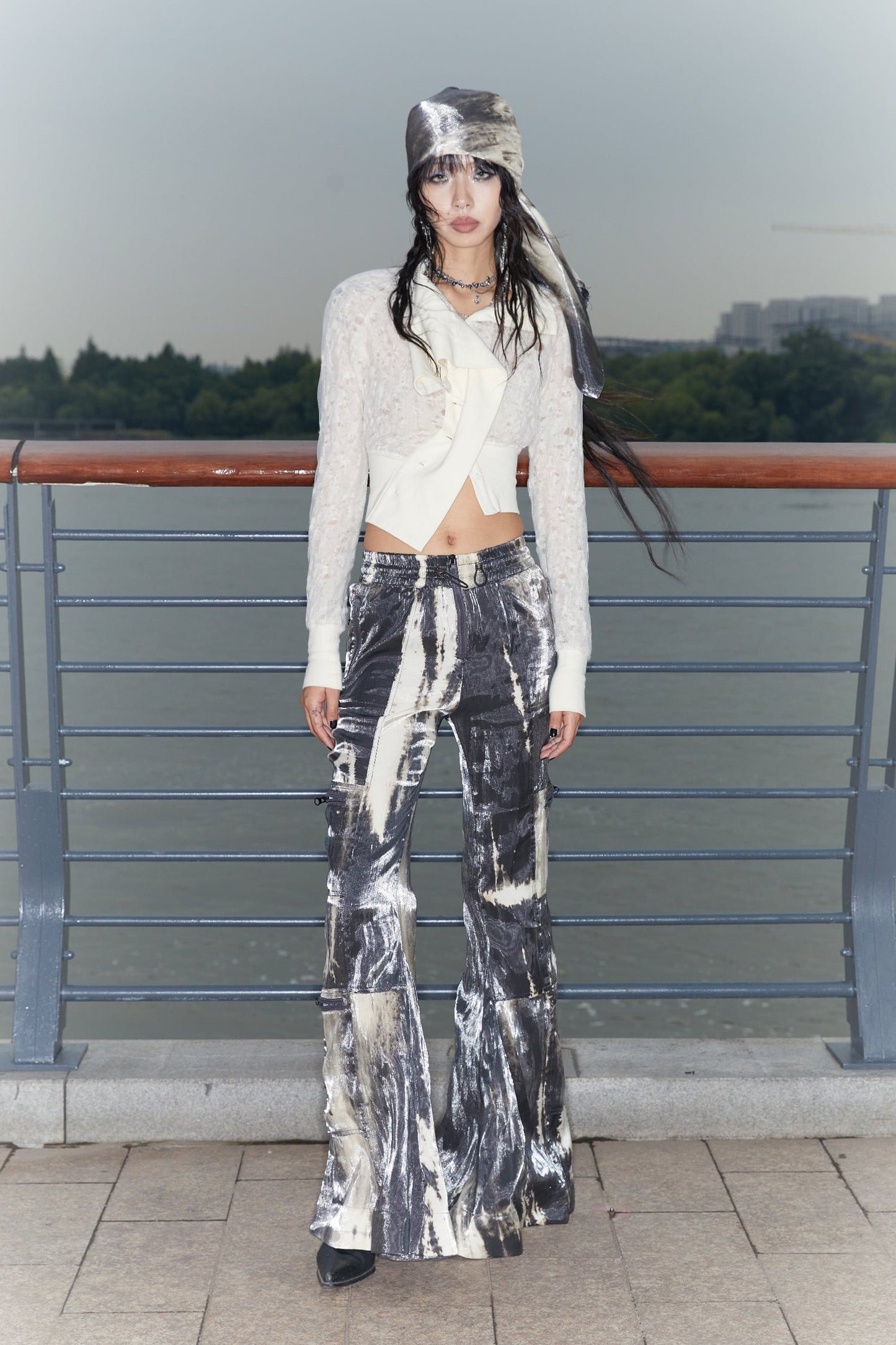 Original Sparkling Satin Tie-Dye Flare Pants Multi-Pockets [ID:0144PA]