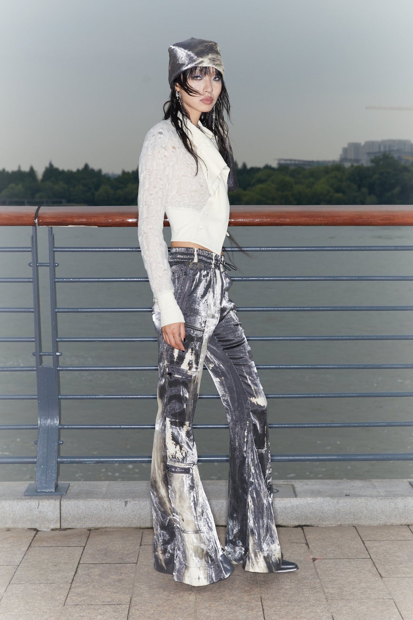 Original Sparkling Satin Tie-Dye Flare Pants Multi-Pockets [ID:0144PA]