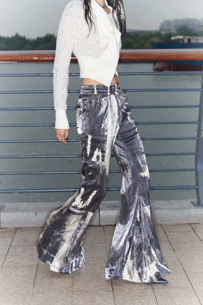 Original Sparkling Satin Tie-Dye Flare Pants Multi-Pockets [ID:0144PA]