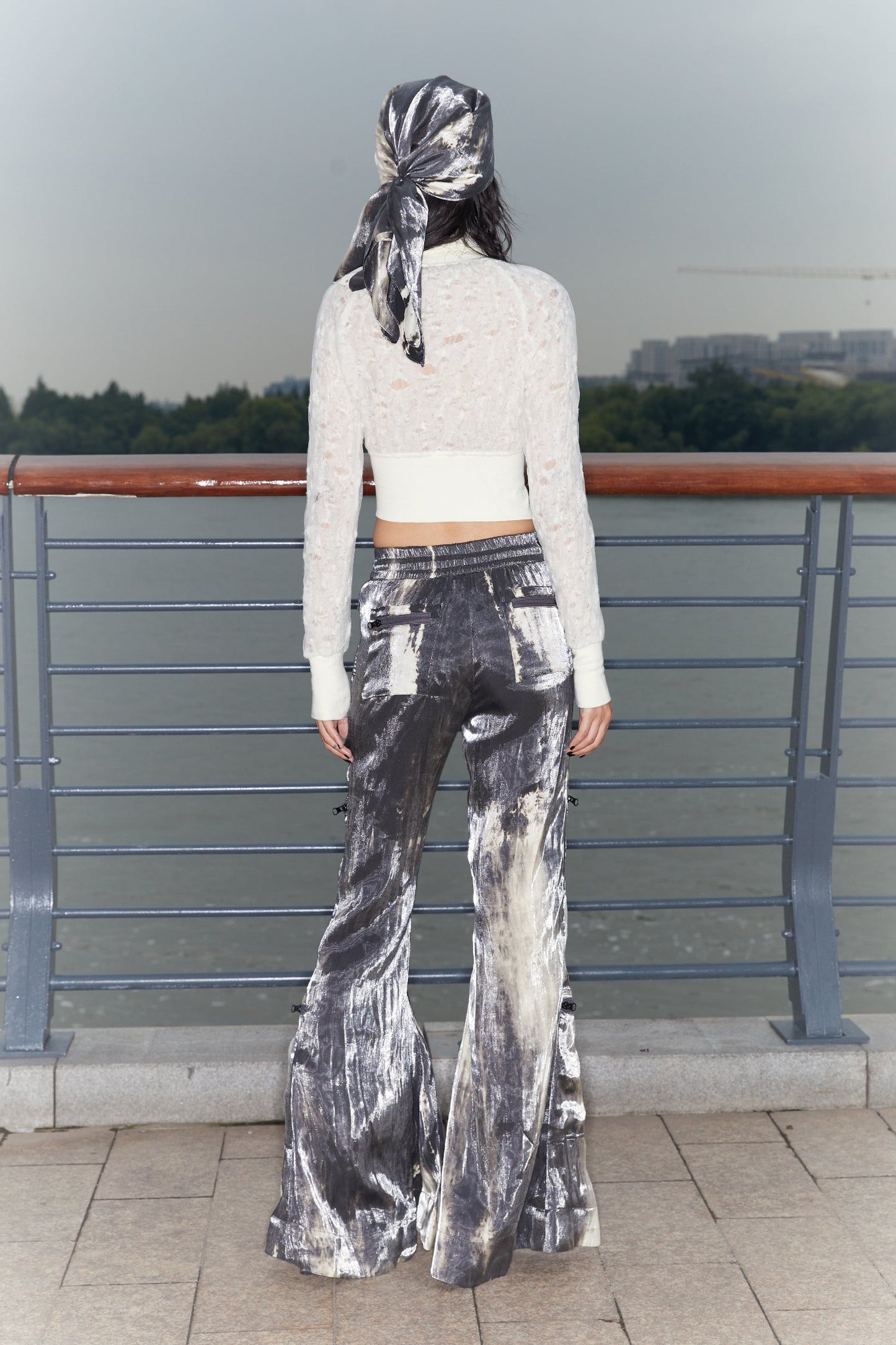 Original Sparkling Satin Tie-Dye Flare Pants Multi-Pockets [ID:0144PA]