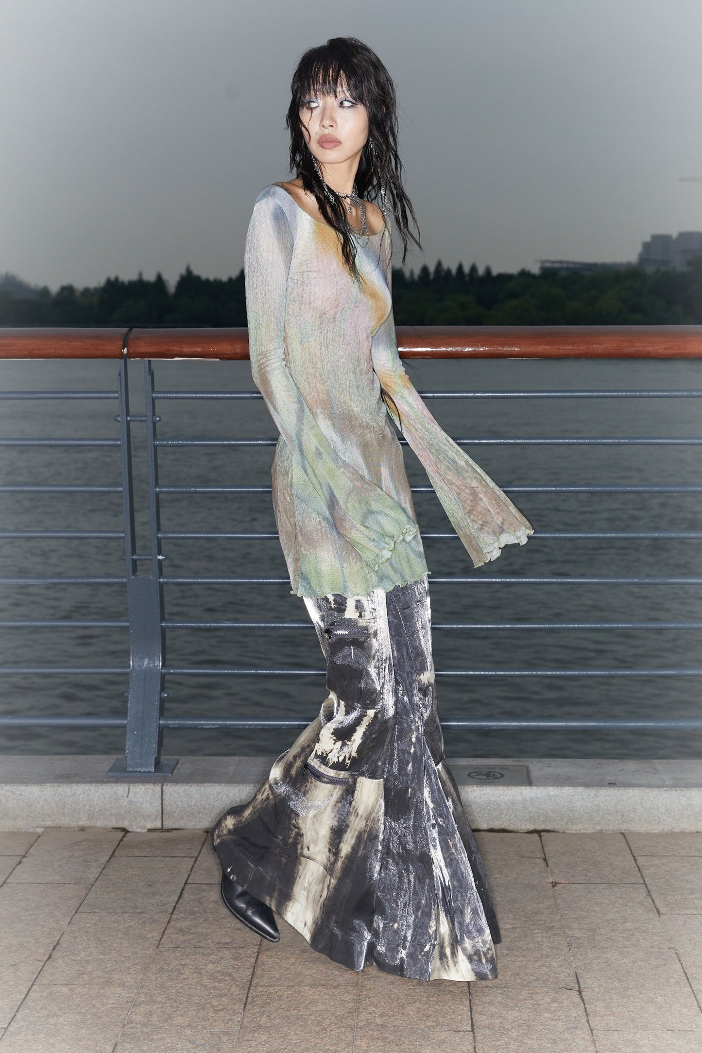 Original Sparkling Satin Tie-Dye Flare Pants Multi-Pockets [ID:0144PA]