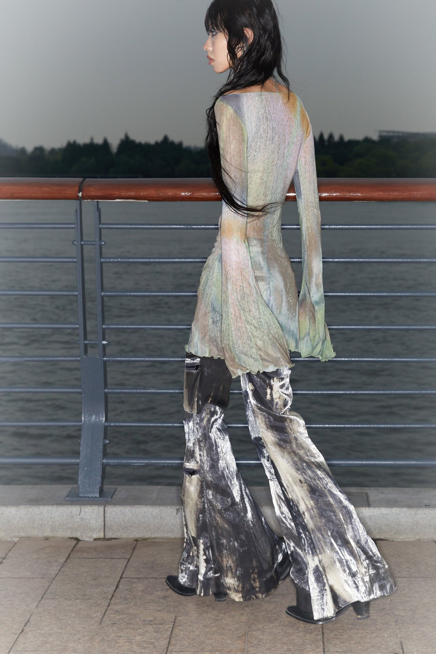 Original Sparkling Satin Tie-Dye Flare Pants Multi-Pockets [ID:0144PA]