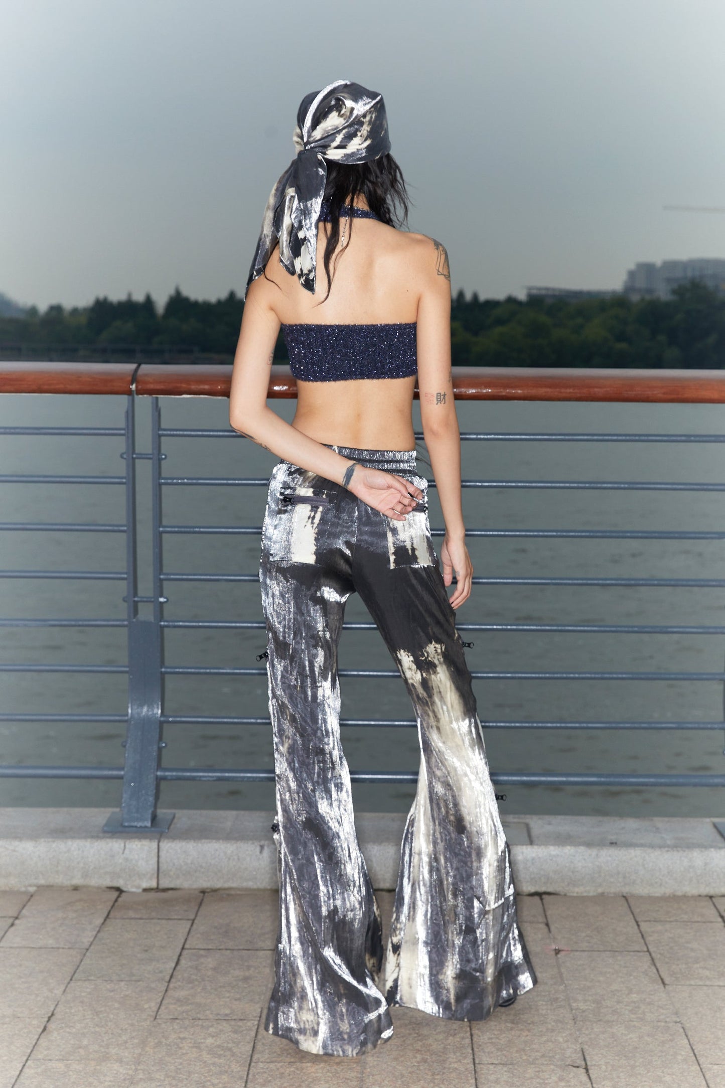 Original Sparkling Satin Tie-Dye Flare Pants Multi-Pockets [ID:0144PA]