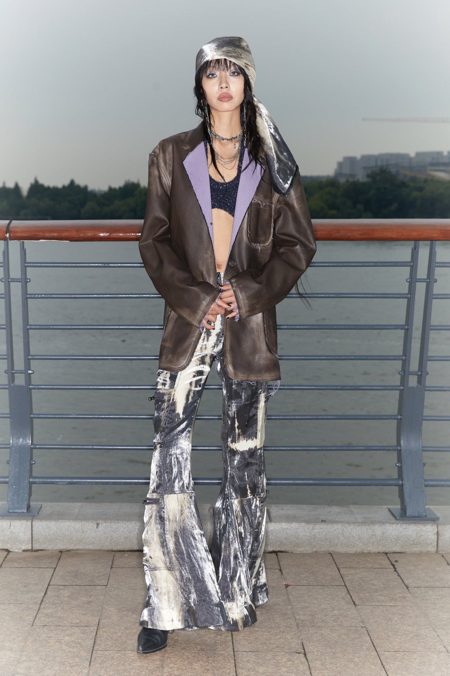 Original Sparkling Satin Tie-Dye Flare Pants Multi-Pockets [ID:0144PA]