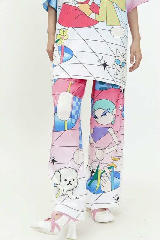 Relaxed Fit Elastic Waist Cotton Pants with Little Q Print – Straight Leg Design [ID:0145PA]