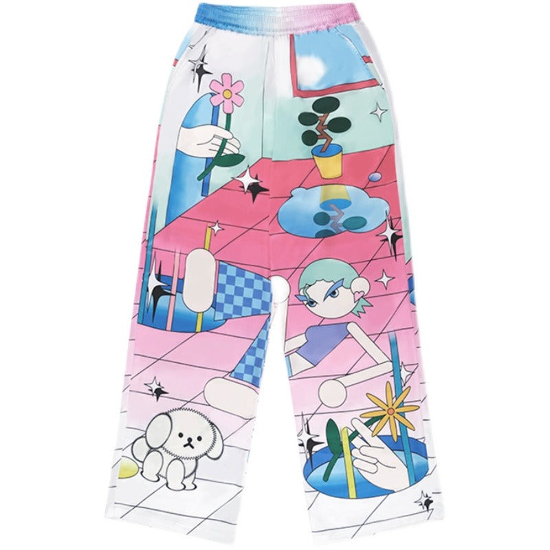 Relaxed Fit Elastic Waist Cotton Pants with Little Q Print – Straight Leg Design [ID:0145PA]