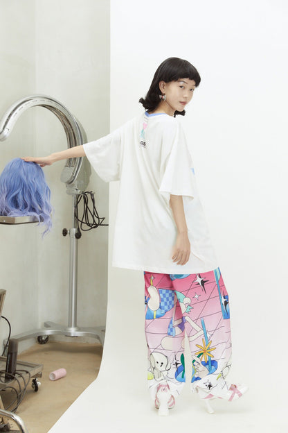 Relaxed Fit Elastic Waist Cotton Pants with Little Q Print – Straight Leg Design [ID:0145PA]