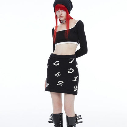 Original Black and White Jacquard Knit Skirt – Soft Elastic Waist Mini Design [ID:0146SK]