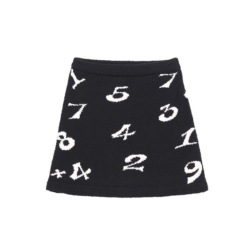 Original Black and White Jacquard Knit Skirt – Soft Elastic Waist Mini Design [ID:0146SK]