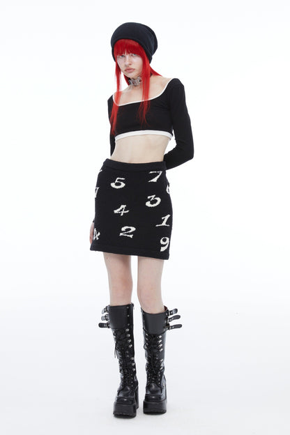 Original Black and White Jacquard Knit Skirt – Soft Elastic Waist Mini Design [ID:0146SK]