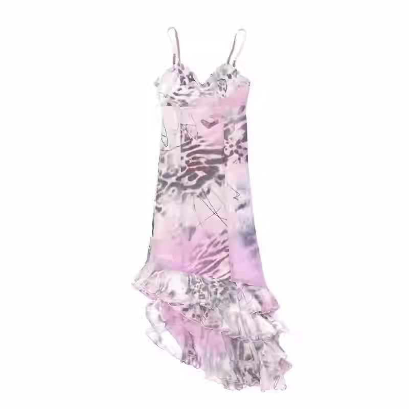 Luxurious Pink Leopard High Elastic Mesh Silk Lotus Leaf Dress [ID:0148OP]