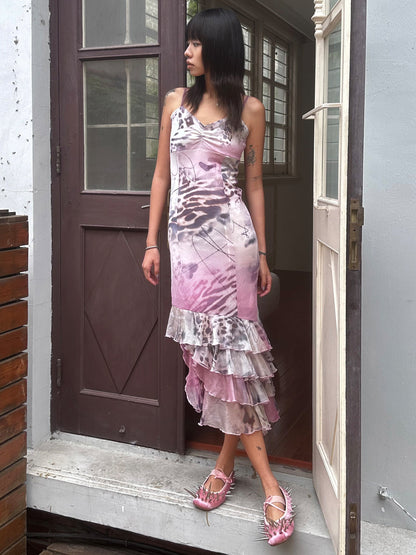 Luxurious Pink Leopard High Elastic Mesh Silk Lotus Leaf Dress [ID:0148OP]