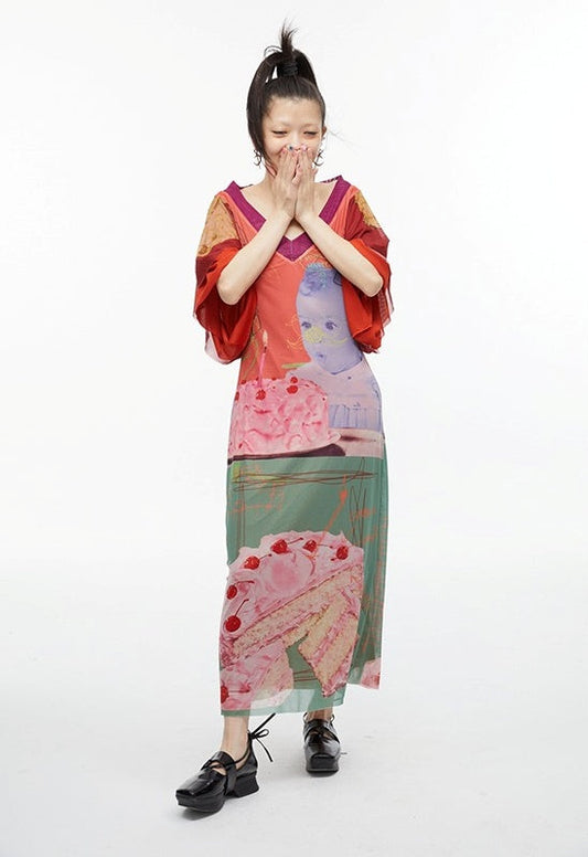 Birthday Cake Kimono Print Slim-Fit Maxi Dress – Bold Statement Style [ID:0149OP]