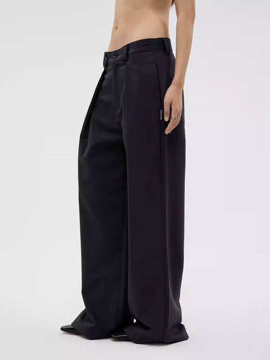 Dark Stripe Pleated Wide Leg Straight Trousers Casual Fashion Pants [ID:0152PA]