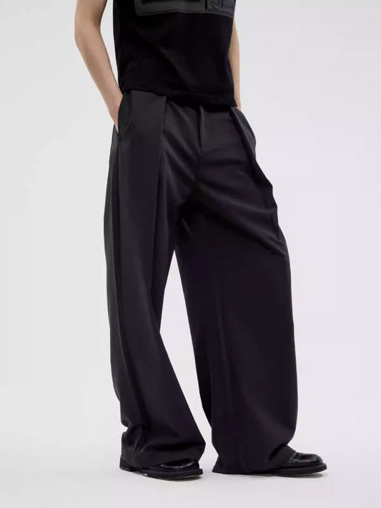 Dark Stripe Pleated Wide Leg Straight Trousers Casual Fashion Pants [ID:0152PA]