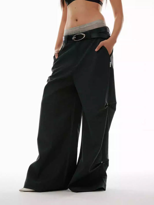 Studded 3D Pleated Dark Pattern Vertical Stripe Straight Pants [ID:0154PA]