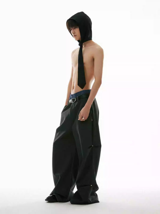 Studded 3D Pleated Dark Pattern Vertical Stripe Straight Pants [ID:0154PA]