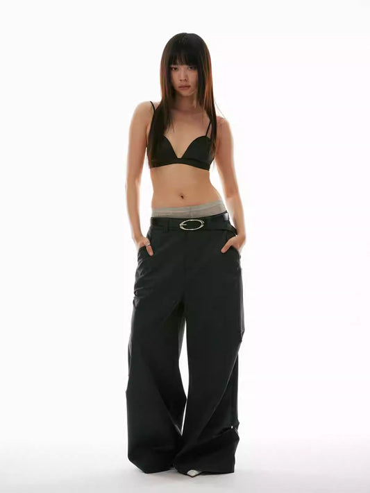 Studded 3D Pleated Dark Pattern Vertical Stripe Straight Pants [ID:0154PA]