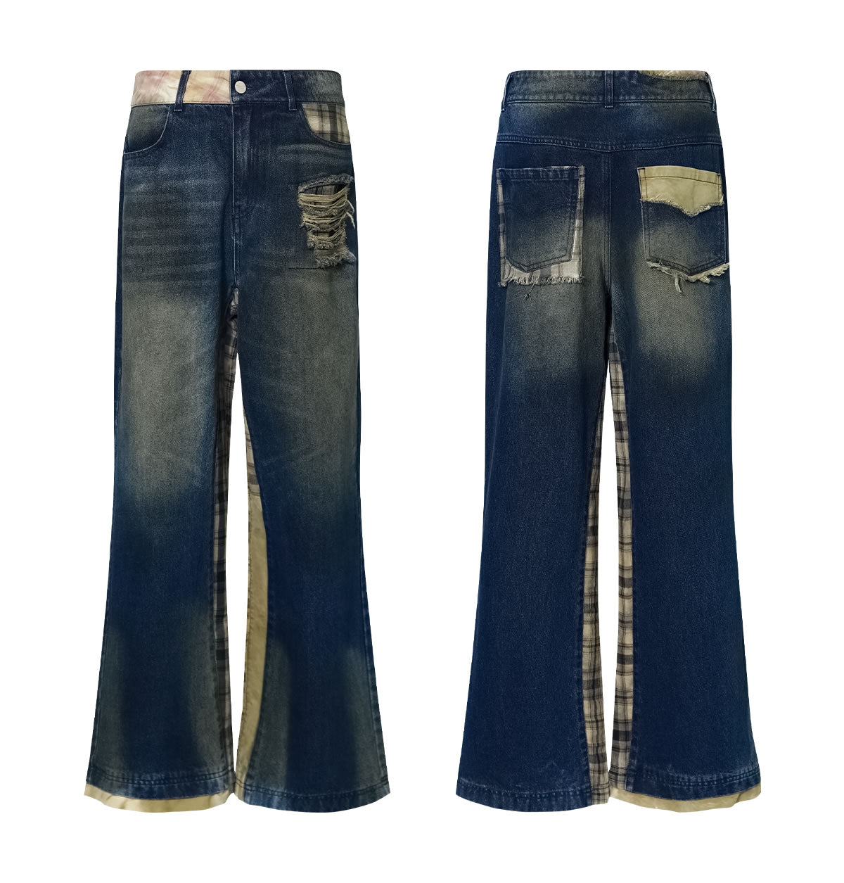 Dark Blue Washed Ripped Checkered Retro Micro Flare Jeans [ID:0155PA]