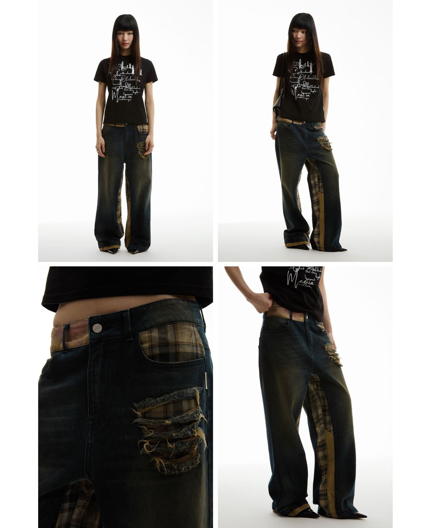 Dark Blue Washed Ripped Checkered Retro Micro Flare Jeans [ID:0155PA]