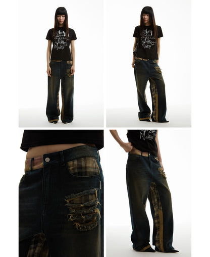 Dark Blue Washed Ripped Checkered Retro Micro Flare Jeans [ID:0155PA]