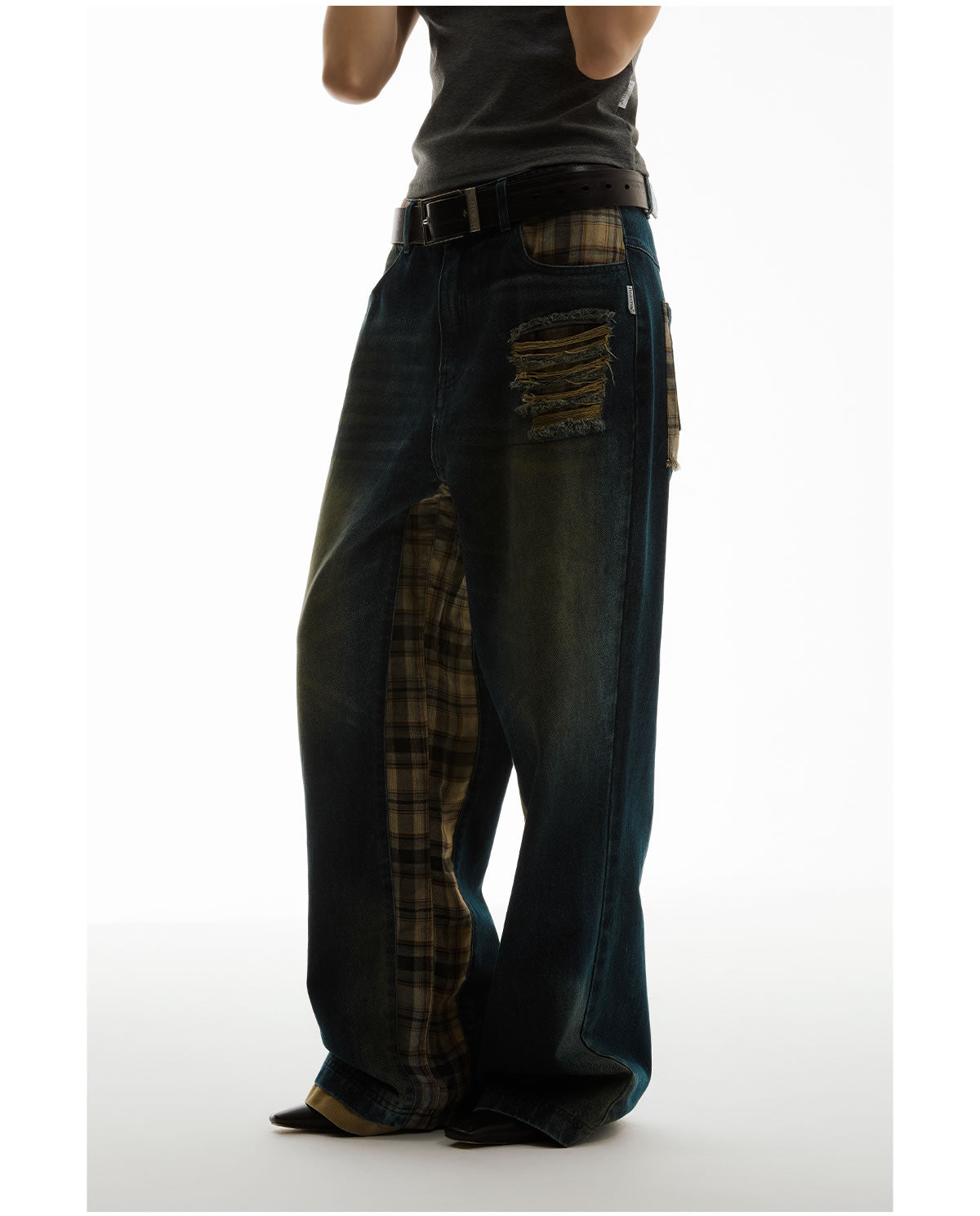 Dark Blue Washed Ripped Checkered Retro Micro Flare Jeans [ID:0155PA]