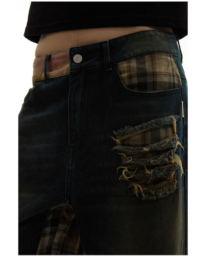 Dark Blue Washed Ripped Checkered Retro Micro Flare Jeans [ID:0155PA]