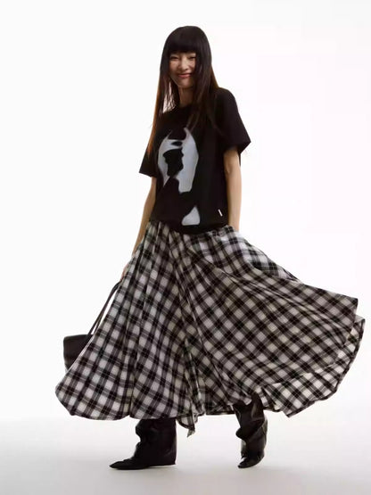 Retro Black and White Checkered Wide Culottes [ID:0156SK]