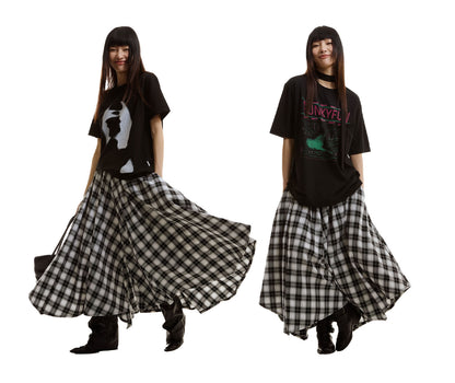 Retro Black and White Checkered Wide Culottes [ID:0156SK]