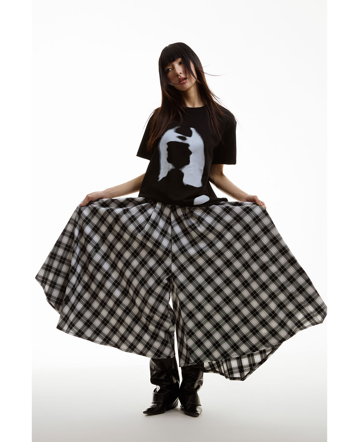 Retro Black and White Checkered Wide Culottes [ID:0156SK]