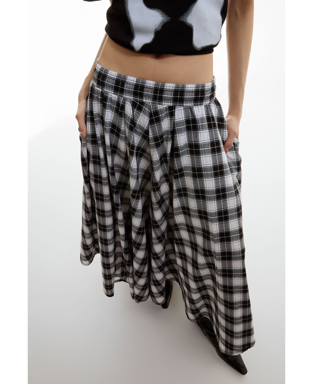 Retro Black and White Checkered Wide Culottes [ID:0156SK]